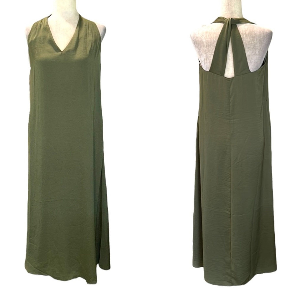 Banana Republic Olive Military Green Satin Twist Back Halter Slip Midi Dress - S